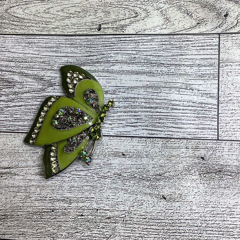 Rhinestone Butterfly Brooch Enamel Silver Tone AB Crystals